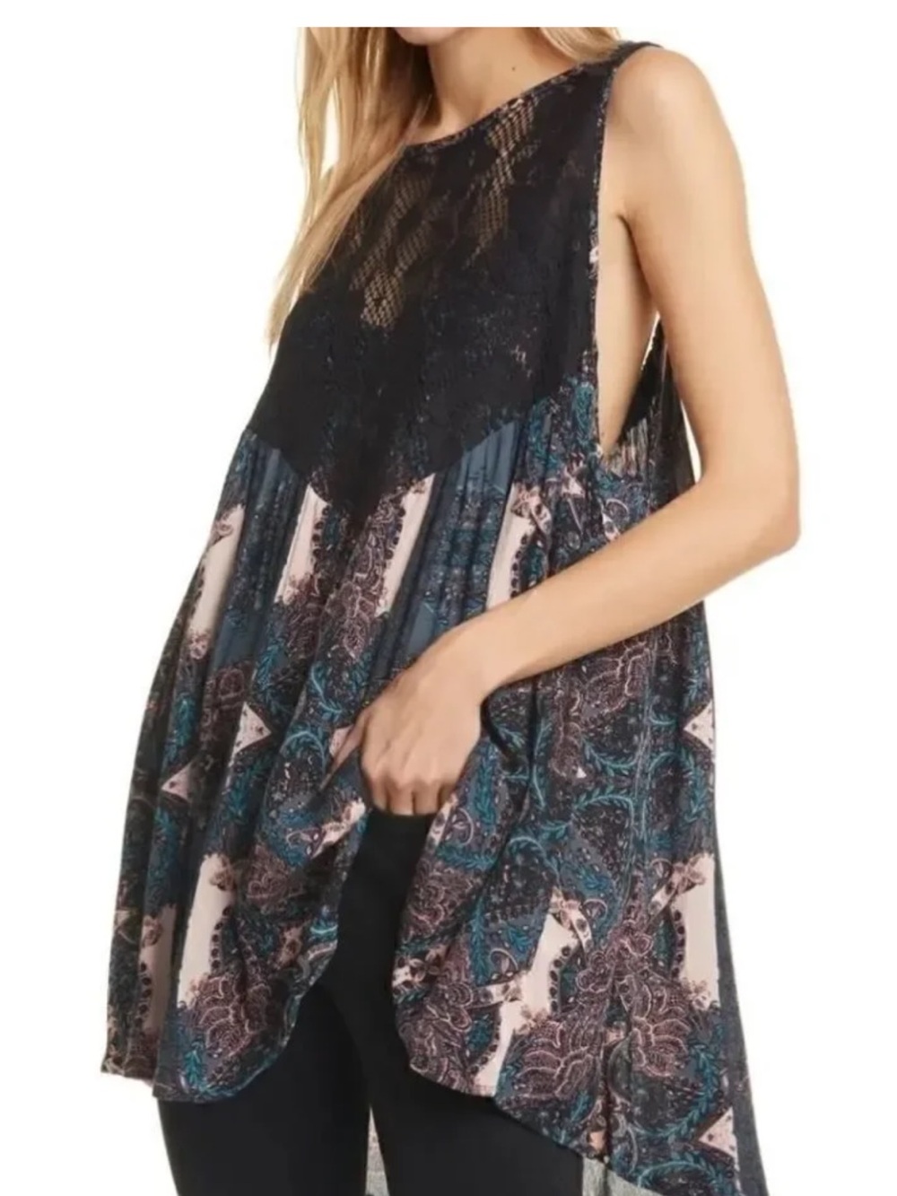 Free People Black Lace Paneled Paisley Tank with Pink and Teal Accents